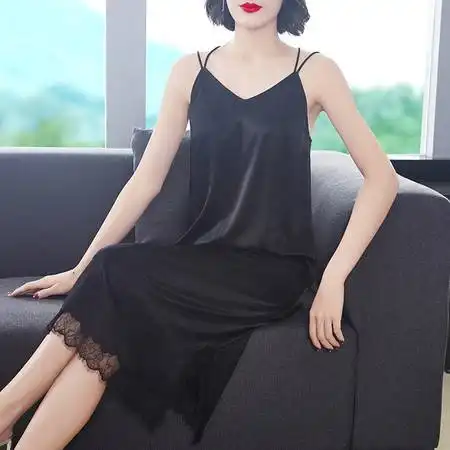 施悦名2019春夏新款女装中长款醋酸吊带裙时尚v领纯色吊带拼蕾丝连衣裙图片大全邮乐官方网站
