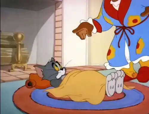 猫和老鼠汤姆猫的主人给它准备了小床,让它在房间里睡觉
