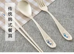 韩国原产dm.korea不锈钢筷子勺子叉子餐具3件套小猫图案不锈钢
